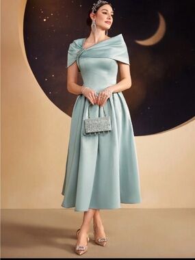 Elegant Off-Shoulder Tea-Length Dress in Pale Aqua